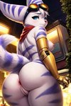 almer42 anthro anus breasts butt eyewear eyewear_on_head female fur genitals goggles goggles_on_head hi_res lombax looking_at_viewer mammal nude pussy raised_tail rivet_(ratchet_and_clank) solo striped_body stripes white_body white_fur