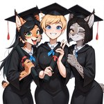 anthro blue_eyes clothing female fur graduation_gown graduation_hat green_eyes group orange_eyes school_uniform smile spots spotted_body spotted_fur trio uniform anonymous_director felid feline human lynx mammal hi_res