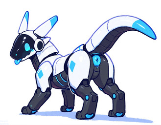 ambiguous_gender anus black_body blue_body blue_eyes butt cybernetics feral looking_at_viewer looking_back looking_back_at_viewer machine markings multicolored_body presenting presenting_hindquarters puffy_anus raised_tail rear_view simple_background smile solo tail tongue tongue_out white_body direfelis_(director) cyborg robot watermark