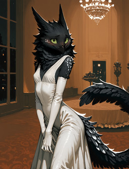 5_fingers anthro armwear beak black_body black_fur blush blush_lines breasts ceiling_lights clothing dress elbow_gloves female fingers fluffy fur gloves green_sclera handwear inside long_tail looking_at_viewer neck_tuft night shy slim small_breasts solo spots spotted_body spotted_fur tuft white_clothing white_dress white_gloves white_handwear window oldhroft shadow_(oldhroft) avian velari hi_res