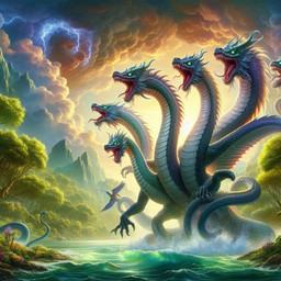 ambiguous_gender cloud cloudy feral flower glowing glowing_eyes green_eyes group lightning mountain mountains multi_head mythology open_mouth plant shoreline solo storm_clouds tree tree_outside water val_the_sergal dragon hydra mythological_creature mythological_scalie scalie