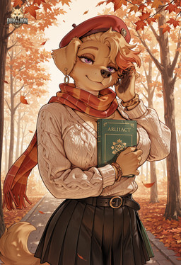 animal_print anthro autumn_forest autumn_leaves autumn_trees beret big_breasts black_nose black_pupils blonde_hair book bottomwear breasts brown_eyebrows brown_nails choker clothing colored_nails cozy cuff_bracelet curvy_figure eyebrows female fur hair hat headgear headwear holding_book holding_object jewelry leopard_print light long_sleeves nails necklace pupils purple_eyes scarf short_hair skirt smile solo sunlight sweater topwear white_clothing white_sweater white_topwear yellow_body yellow_tail duraldon clara_(meesh) bird_dog canid canine canis domestic_dog golden_retriever hunting_dog mammal retriever absurd_res hi_res