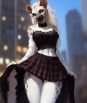 anthro black_clothing black_shirt black_spots black_topwear bottomwear breasts cleavage clothed clothing colored female fur hair hyaenid mammal pleated_skirt shirt skirt solo spots spotted_body spotted_fur tahlia_(director) topwear white_body white_fur white_hair