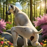 absurd_res anthro blue_eyes canid canine canis director_cougar domestic_dog female flower forest fur genitals great_dane hi_res kneeling light mammal mastiff molosser plant pussy rock short_tail solo spots spotted_body spotted_fur spread_legs spreading sunlight tree white_body white_fur