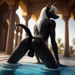 anthro anus balls black_body butt column egyptian genitals hair male nude palace pool presenting presenting_anus presenting_hindquarters solo teasing water white_hair anubian_jackal canid canine canis jackal mammal hi_res