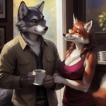 absurd_res anthro beverage breasts canid canine canineluvr19 canis cleavage clothed clothing coffee duo female fox hi_res hugging looking_at_another looking_at_partner male male/female mammal nipple_outline romantic romantic_couple wolf