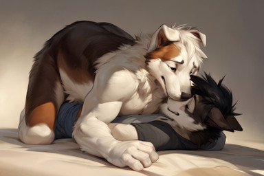 anthro bedroom_eyes big_butt blush bottomwear butt clothed clothing dominant dominant_male duo embrace eyes_closed from_front_position fur hair hug larger_male larger_on_top lying male male/male markings missionary_position multicolored_body muscular narrowed_eyes nude on_back presenting presenting_hindquarters seductive sex size_difference smile submissive thick_thighs topwear tuft white_body white_fur wide_hips extravirginweaseloil bernese_mountain_dog border_collie canid canine canis collie domestic_dog herding_dog husky mammal molosser mountain_dog nordic_sled_dog pastoral_dog saint_bernard sheepdog spitz swiss_mountain_dog wolf