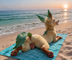 animal_genitalia animal_pussy anus beach beach_towel butt canine_genitalia canine_pussy eyes_closed female feral genitals leaf_tail open_mouth pawpads paws pussy sand sea seaside solo sun towel water crimson_fenrir_(director) nintendo pokemon eeveelution generation_4_pokemon leafeon pokemon_(species) hi_res
