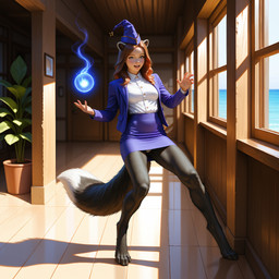 anatomically_correct_tail anthro barefoot black_body black_fur blue_bottomwear blue_clothing blue_eyes blue_skirt bottomwear breasts brown_hair camel_toe claws clothed clothing detailed_background digitigrade dipstick_tail feet female fur hair hat headgear headwear inside magic magic_user markings open_mouth plant shirt skirt smile solo standing tail tail_markings topwear underwear upskirt window witch witch_hat crashbandit animal_humanoid canid canid_humanoid canine canine_humanoid fox fox_humanoid humanoid mammal mammal_humanoid werecanid werecreature comfyui_(software) digital_media_(artwork) nai-diffusion-furry-3_(model) prompt_metainfo wainsfwillustrious_(model)