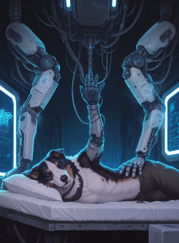 anthro bandanna bed bottomwear cables clothed clothing collar cyberpunk eyes_closed floppy_ears fur furniture hologram kerchief machine male medical_procedures multicolored_body multicolored_fur pants raised_arm robotic_arms screen solo topless cerinil border_collie canid canine canis collie domestic_dog herding_dog mammal pastoral_dog sheepdog absurd_res hi_res