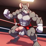 anthro balls bandage bara fighting_ring frosting.ai fur genitals grey_body grey_fur humanoid_genitalia humanoid_penis male muscular muscular_male penis solo candougie rhei_rat mammal murid murine rat rodent