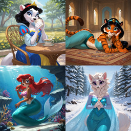 5_fingers accessory alternate_species anthro beverage black_hair black_nose black_stripes blue_clothing blue_dress blue_eyes bra bracelet braided_hair breasts brown_body brown_fur chair chest_tuft cleavage clothed clothed_female clothing container countershading crown cup day detailed_background dress evergreen_tree eyebrows eyelashes eyeshadow female female_anthro fin fingers fish_tail fur furniture furrification green_clothing group hair hair_accessory jewelry light long_hair looking_at_viewer lying makeup markings midriff multicolored_body nature necklace on_front on_side orange_body orange_fur outside pine_tree plant red_hair rug scales sitting smile snow solo split_form striped_body striped_fur striped_markings striped_tail stripes sunlight table tail tail_markings tea_cup tiara tree tuft underwater underwear water white_body white_fur white_hair winter gridanon disney frozen ariel_(disney) elsa_(frozen) princess_jasmine_(disney) snow_white_(disney) arctic_fox canid canine canis domestic_dog felid fish fox mammal marine merfolk mink mustelid musteline nordic_sled_dog otter pantherine samoyed spitz tiger true_musteline ursid absurd_res detailed hi_res stable_diffusion