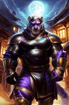 anthro armor black_arms black_nose black_sclera black_stripes blue_eyes clothing eyebrows fangs fur hair male moon muscular muscular_anthro muscular_arms muscular_legs muscular_male muscular_thighs night night_sky purple_body purple_fur shirt solo stripes topwear village white_eyebrows white_hair mugen_kuuhakuai mugen_kuuhaku felid mammal pantherine tiger hi_res