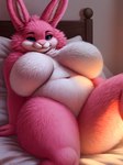 absurd_res anthro bedroom big_breasts blue_eyes breasts curvy_figure female fluffy fur hi_res huge_breasts lagomorph leonoser leporid mammal pink_body pink_fur rabbit solo solo_focus voluptuous