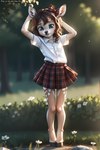 aiko anthro bottomwear brown_hair clothed clothing cub curled_hair female hair hairbow hooves looking_at_viewer nature nature_background raised_arms shirt skirt solo standing teal_eyes topwear young venisoncreampie venison cervid mammal hi_res