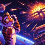 5_fingers alien_planet anthro black_stripes explosion felid fingers fur male mammal markings meteor_shower nikkolaus orange_body orange_fur pantherine planet solo space_station striped_body striped_fur striped_markings striped_tail stripes tail_markings tiger