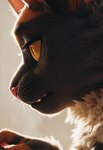 2024 anthro blurred_background depth_of_field eyelashes male mottled neutral_expression piebald pupils raised_arm rim_light side_view slit_pupils solo yellow_sclera 8747928hp calico_cat domestic_cat felid feline felis mammal bust_portrait hi_res portrait