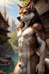 animal_genitalia anthro balls building casual_nudity fur genitals house male nipples nude plant sheath solo ulfur5605 canid canine canis mammal wolf hi_res