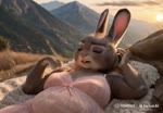 anthro bedding blanket breasts chubby_anthro chubby_female clothing disney eyes_closed female fur grass grey_body grey_fur lying medium_breasts mountains nightgown on_back pink_clothing plant rock scenery sleeping slightly_chubby solo sunrise teeth 8747928hp zootopia bonnie_hopps lagomorph leporid mammal rabbit animated watermark webm