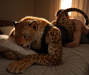 anal anthro bed bedroom bottomwear bottomwear_down claws clothed clothing detailed_fur duo ear_piercing eyes_closed fluffy fur furniture human_on_anthro inside interspecies licking light light_beam lying lying_on_bed male male/male morning muscular muscular_anthro muscular_male on_bed on_front oral orange_body orange_fur pants pants_down partially_clothed piercing pillow realistic realistic_fur realistic_lighting rimming sex shirt sleeping sunbeam sunlight tail tank_top tongue tongue_out topwear delken felid human jaguar mammal pantherine detailed
