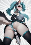 abstract_background anthro blue_hair blush bodily_fluids bottomwear breasts clothing collared_shirt female fur genital_fluids grey_body grey_fur hair hitachi_magic_wand legwear looking_at_viewer looking_back looking_back_at_viewer looking_pleasured medium_breasts motion_lines necktie notched_ear open_mouth panties pussy_juice pussy_juice_through_clothing red_sclera sex_toy skirt solo standing teeth thigh_highs tongue underwear very_long_hair vibrator wand_vibrator wet wet_clothing wet_panties wet_underwear white_body white_eyes white_fur ayo_keito helluva_boss hatsune_miku_(character) loona_(helluva_boss) canid canid_demon demon hellhound mammal absurd_res hi_res