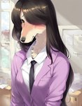 anthro blush canid canine canis clothing domestic_dog female fur hair hi_res long_hair mammal necktie office portrait solo traialas