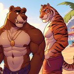 abs anthro beach clothing duo felid human jewelry male male/male mammal muscular necklace nipples pantherine plant sand sea seaside swimwear tiger tree ursid water zidanes123