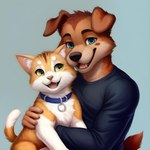 absurd_res ambiguous_gender anthro canid canine canis collar cuddling domestic_cat domestic_dog duo felid feline felis feral happy hi_res hugging love mammal photo_shoot twinklespark