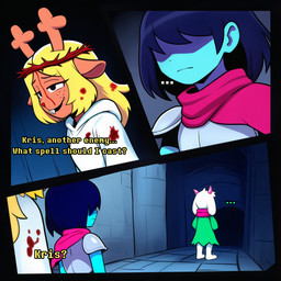 ambiguous_gender anthro antlers armor blonde_hair blood_covered blood_on_face blue_body blue_hair brown_body close-up clothing dialogue female group hair hair_over_eyes half-closed_eyes horn looking_away male multi_panel narrowed_eyes paws robe scarf stone_floor stone_wall text thorns trio wall_(structure) white_body yasuhikonsfw deltarune undertale_(series) kris_(deltarune) noelle_holiday ralsei bovid caprine cervid darkner goat human mammal comic cover cover_art cover_page hi_res