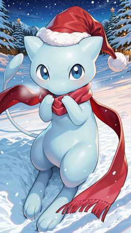 3_fingers 3_toes ambiguous_gender blue_body blue_eyes blush blush_lines christmas_clothing christmas_headwear clothing cloud feet feral fingers fir_tree hat headgear headwear looking_at_viewer outside paws plant red_scarf santa_hat scarf snow solo standing star toes tree winter yiff_ai_(director) nintendo pokemon generation_1_pokemon legendary_pokemon mew pokemon_(species) shiny_pokemon hi_res