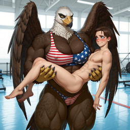 abs anthro areola beak biceps big_breasts big_muscles bikini blue_eyes blush bra breasts bridal_carry brown_body brown_feathers brown_hair butt camel_toe carrying carrying_another carrying_partner claws cleavage clothed clothed/nude clothed_female clothing detailed_background dominant dominant_female duo embarrassed eye_contact feathered_wings feathers feet female flag_bikini gym hair human_on_anthro inside interspecies larger_anthro larger_female looking_at_another male male/female muscular muscular_anthro muscular_female muscular_male muscular_thighs navel nipple_outline nipples non-mammal_breasts non-mammal_nipples nude pecs public public_nudity scuted_arms scutes shy size_difference smaller_human smaller_male smile standing stars_and_stripes swimwear thick_thighs tight_clothing toes topwear underwear united_states_of_america white_body white_feathers wings yellow_eyes unknown_director accipitrid accipitriform avian bald_eagle bird eagle human mammal sea_eagle hi_res