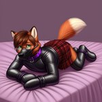 anthro bdsm bed bedroom bondage bottomwear bound canid canine clothed clothing crossdressing eyewear fluffy fluffy_tail fox furniture glasses handwear leather leather_clothing male mammal mittens muzzle_(disambiguation) muzzle_(object) muzzled peavy red_fox skirt solo