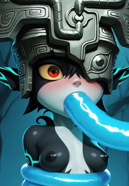 anthro armor black_nipples blue_tentacles blush breasts female forest forest_background hair headgear helmet nature nature_background nipples nude oral oral_penetration orange_hair penetration plant red_eyes small_breasts solo tentacle_bondage tentacle_in_mouth tentacle_penetration tentacles tree yellow_sclera nintendo the_legend_of_zelda the_legend_of_zelda_twilight_princess midna humanoid imp