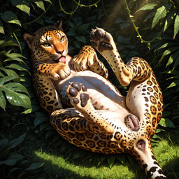 4_toes 8_nipples animal_genitalia animal_pussy anus claws feet feline_pussy female feral genitals grass jungle licking light light_beam looking_at_viewer lying multi_nipple nipples on_back pawpads paws plant pupils pussy raised_leg slit_pupils solo spots spreading sunbeam sunlight tail_anus toes tongue tongue_out pleasedontlook felid jaguar mammal pantherine hi_res