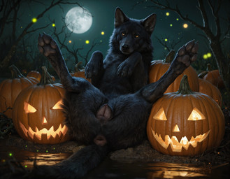 amber_eyes anatomically_correct anatomically_correct_genitalia anatomically_correct_pussy animal_genitalia animal_pussy anus black_body black_fur black_nose black_pawpads building butt canine_genitalia canine_pussy claws female feral fire fluffy fluffy_tail fog food fruit full_moon fur genitals glowing glowing_eyes halloween inner_ear_fluff jack-o'-lantern looking_at_viewer lying moon night on_back on_ground outside pawpads paws photorealism plant presenting presenting_anus presenting_hindquarters presenting_pussy pumpkin pussy realistic_feral reflection sky solo swamp tail tail_anus tree tuft water zerphy halloween_2025 canid canine canis mammal wolf 2025 alternate_version_at_source hi_res signature