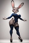 anthro big_breasts blue_clothing breasts clothing corset female footwear fur grey_body grey_fur high_heels lingerie long_ears looking_at_viewer purple_eyes simple_background solo tight_clothing topwear killawatt judy_hopps lagomorph leporid mammal rabbit hi_res