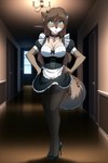 anthro big_breasts blue_eyes bottomwear breasts clothed clothing female hallway hand_on_hip maid_uniform miniskirt skirt solo solo_focus spots twokinds uniform unknown_director kathrin_vaughan canid canine canis felid hybrid mammal pantherine snow_leopard wolf