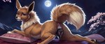 absurd_res anatomically_correct anatomically_correct_genitalia animal_genitalia animal_pussy anus black_claws black_pussy bodily_fluids canid canine canine_genitalia canine_pussy cherry_blossom claws detailed detailed_background detailed_fur digitigrade director_firewolf eevee female feral full_moon furryrock_(model) generation_1_pokemon genital_fluids genitals hi_res laying looking_at_viewer lying mammal moon mountains night on_front pawpads paws pillow plant pokemon_(species) pussy pussy_juice raised_tail sky solo star starry_sky widescreen