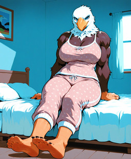 5_toes anthro avian_feet barefoot beak bed bedding bedroom biceps big_breasts biped blue_eyes bottomwear breasts brown_body brown_feathers claws cleavage clothed clothing countershade_feet countershading detailed_background eyelashes feathers feet female finger_claws fingers front_view furniture humanoid_feet inside looking_at_viewer multicolored_body multicolored_feathers muscular muscular_anthro muscular_arms muscular_female nails narrowed_eyes non-mammal_breasts on_bed pajamas pants pillow pink_clothing plantigrade sitting sitting_on_bed sleepwear smile soles solo thick_thighs toe_claws toes topwear two_tone_body white_body white_feathers window wood wood_floor lieutenant_chuck accipitrid accipitriform avian bald_eagle bird eagle sea_eagle absurd_res hi_res