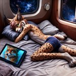 anthro argon-42 bed blue_bottomwear blue_clothing bottomwear briefs clothing felid feline fur furniture green_eyes hair hi_res looking_at_viewer lying lynx male mammal nebula on_side solo space spots spotted_body spotted_fur star tablet tan_body tan_fur underwear white_body white_fur