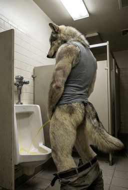 anthro bathroom black_body black_fur bodily_fluids bottomwear bottomwear_down butt clothed clothing detailed_fur fur genital_fluids male multicolored_body multicolored_fur muscular muscular_anthro muscular_male neck_tuft pants pants_down partially_clothed peeing photorealism public_restroom realistic realistic_fur rear_view restroom_stall shirt solo tail tan_body tan_fur tank_top topwear tuft urinal urine urine_stream white_body white_fur delken canid canine canis mammal wolf absurd_res detailed hi_res