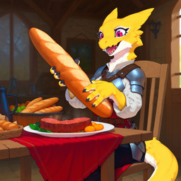 4_fingers anthro baguette belt black_claws bodily_fluids bread brick_floor brick_wall chair claws clothing container detailed_background dress female fingers food fur furniture happy holding_food holding_object inside looking_at_object looking_down meat medieval medieval_background medieval_clothing melee_weapon on_chair open_mouth painting_(object) pink_eyes saliva shoulder_armor sitting sitting_on_chair solo sword table tail_tuft tuft wall_(structure) weapon white_body white_fur window_light yellow_body yellow_fur adragocult jaune_(adragocult) furred_kobold furred_scalie kobold scalie absurd_res hi_res