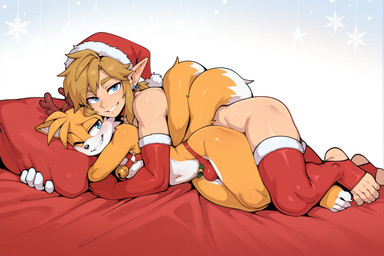 anthro bed blonde_hair bulge christmas_clothing christmas_headwear clothing crossover duo embrace feet fur furniture hair hat headgear headwear hug humanoid_pointy_ears light_body light_skin looking_pleasured male male/male pillow santa_hat simple_background toes white_body white_fur yellow_body yellow_fur anonymous_director nintendo sega sonic_the_hedgehog_(series) the_legend_of_zelda link miles_prower canid canine elf fox humanoid hylian mammal hi_res