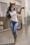 anthro black_hair bottomwear clothed clothing denim denim_clothing digitigrade female hair hand_on_hip inside jeans long_hair on_one_leg pants pose raised_arm shirt smile solo standing topwear director_crashbandit felid feline leopardus mammal ocelot hi_res novelai