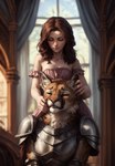 anthro armor blush brown_hair clothing cougar degenstoic detailed detailed_fur dress duo ear_rub eyes_closed felid feline female female/female female_on_anthro frilly hair hand_on_cheek hi_res human human_on_anthro interspecies larger_anthro looking_pleasured mammal neck_tuft petting plate_armor size_difference smaller_human smile tuft whiskers young