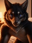 anthro bedding black_body black_fur blue_eyes countershading felid feline felis fur hi_res ilmpbx inner_ear_fluff lamp looking_at_viewer male mammal nudity s8x smile solo tuft warm_colors white_body white_fur