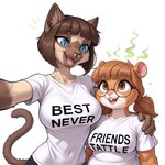 anthro biped blue_eyes breasts brown_eyes duo eyewear female glasses hand_on_shoulder inner_ear_fluff prick_ears smelly tuft anonymous_director invoke_high felid feline mammal mouse murid murine rodent 1:1 hi_res