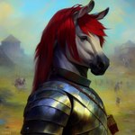 anthro armor equid equine hair horse icefoxai male mammal red_hair solo