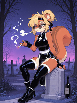 4_fingers accessory anthro bangs black_clothing blond_hair boots brown_body cemetery cigarette clothing cross eyewear female fingers footwear glasses gradient_background grass grey_eyes hair half-closed_eyes headband high_heeled_boots high_heels latex_clothing legwear multicolored_body narrowed_eyes night nun_habit pelvic_curtain pince-nez plant purple_background round_glasses simple_background sitting sleeveless smoking solo star thigh_highs tied_hair tombstone tree two_tone_body white_trim wine_bottle burioth mammal rodent sciurid tree_squirrel absurd_res full-length_portrait hi_res portrait