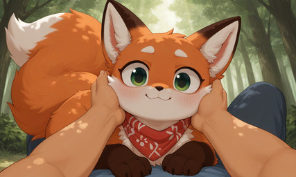 ambiguous_gender bandanna black_body black_fur blush bottomwear chest_tuft claws clothing cuddling day dipstick_ears dipstick_tail duo feral first_person_view fluffy fluffy_tail forest fur gloves_(marking) grass green_eyes happy head_tuft huge_tail human_pov inner_ear_fluff kemono kerchief light markings multicolored_ears orange_body orange_fur pants petting plant shirt sunlight tail_markings topwear tree tuft white_body white_fur noriluxray canid canine fox human mammal red_fox